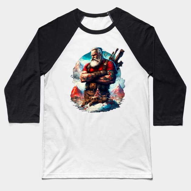 BADASS SANTA, Violent Night-inspired Christmas design Baseball T-Shirt by Buff Geeks Art